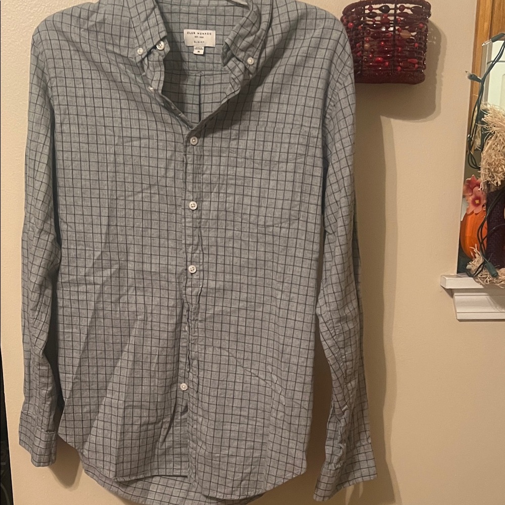 Club Monaco Men's Gray Checkered Long sleeve Button-Down Shirt M